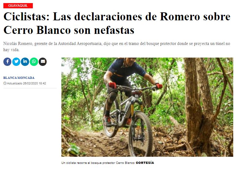 Prensa de Guayaquil difunde rechazo a expresiones contra ciclistas en Cerro Blanco